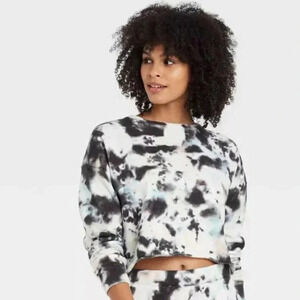 NWT Women's Tie-Dye Cropped Fleece Lounge Sweatshirt Colsie Black White sz L